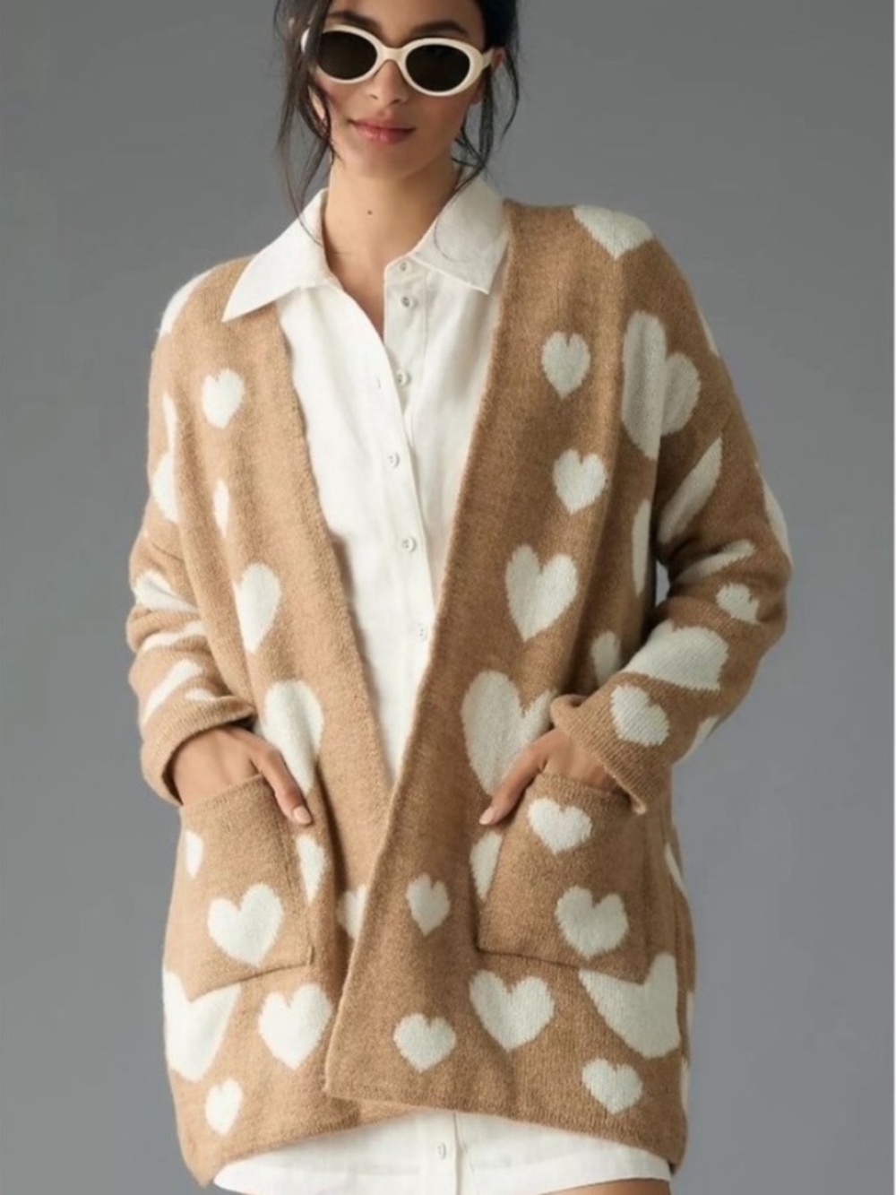 Anthropologie Maeve Hailey Cozy Heart-Print Open Cardigan Sweater Camel & Cream